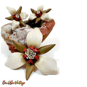 Flower Pin & Earrings, Hair Clip Vintage Leather
